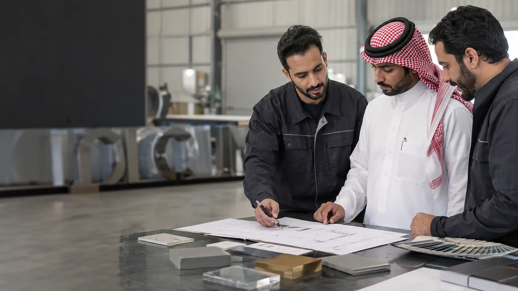 Signage specialists reviewing project plans and material samples